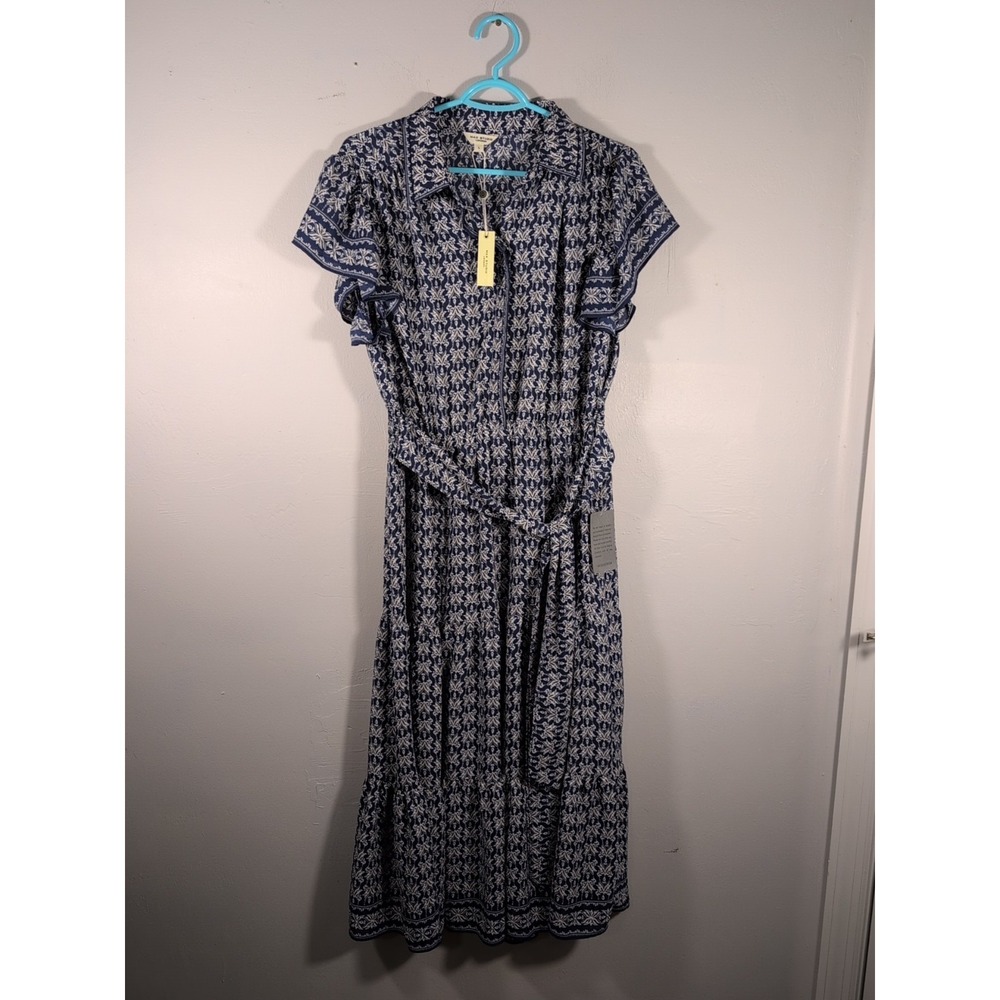 Max Studio Women's Collard Shirt Midi Dress‎ with Tie Size L Color Bluemulti NWT